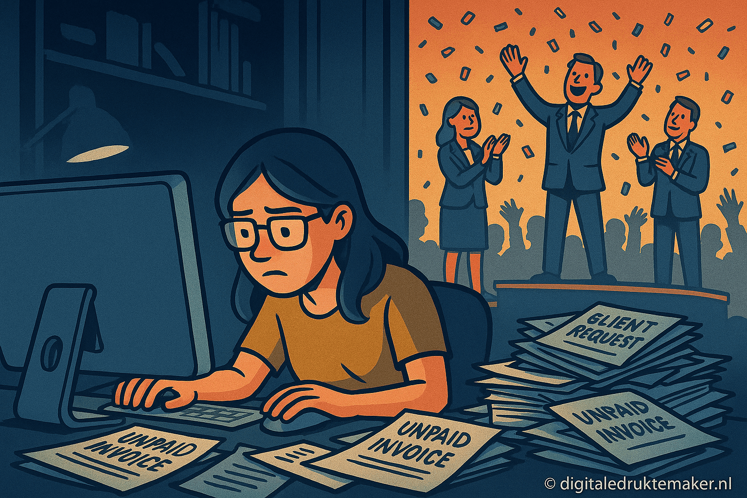 De onzichtbare maker applaus voor de show, onbetaald voor het werk