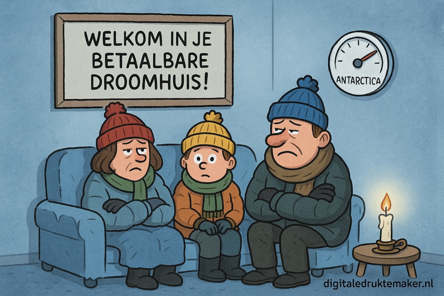 huurbevriezing, dure huur, sociale huurwoning, woningcorporatie, stijgende woonlasten, huurprijzen Nederland, betaalbaar wonen, huurdersproblemen, energiearmoede, wooncrisis, satire wonen, cartoon huur, digitaledruktemaker.nl
