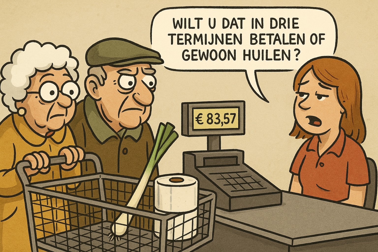 inflatie supermarkt, boodschappen duur, stijgende prijzen, kosten levensonderhoud, lege winkelwagen, oud stel supermarkt, humor inflatie, inflatie Nederland, dure boodschappen grap, cartoon inflatie, digitaledruktemaker.nl
