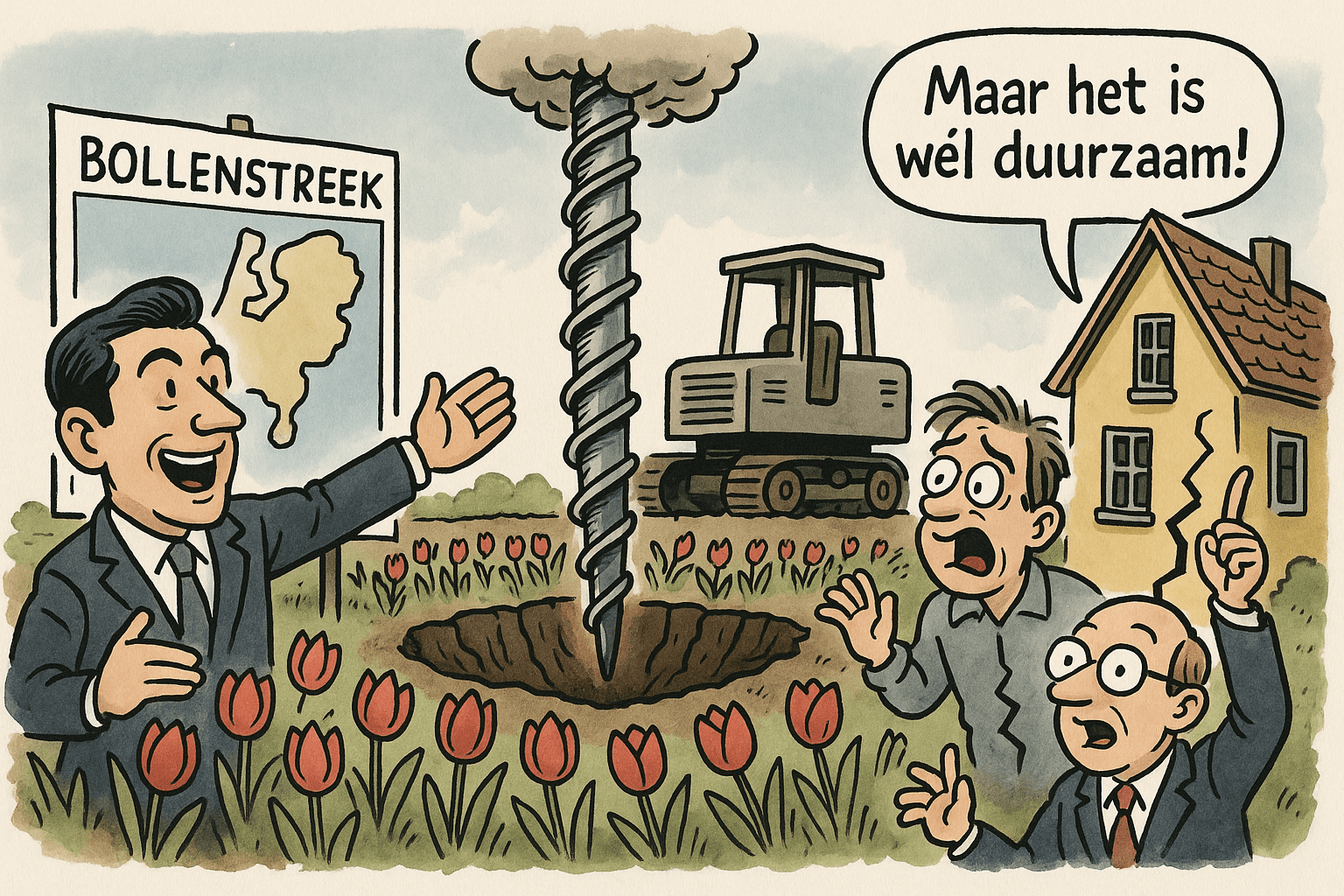 warmtenet bollenstreek aardwarmte risico, cartoon warmtenet, bollenveld met boormachine en bezorgde bewoner-Noordwijk-Sassenheim-Bollenstreek-Lisse