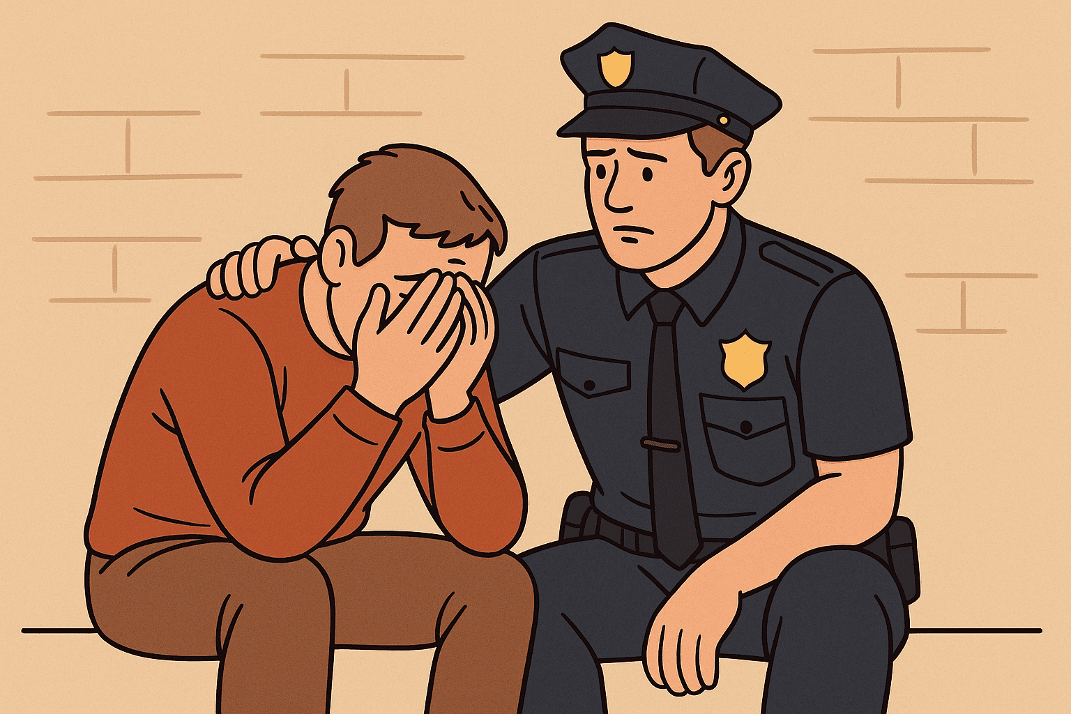 Cartoon van een politieagent die een burger troost – menselijkheid achter het uniform-digitale druktemaker- politie