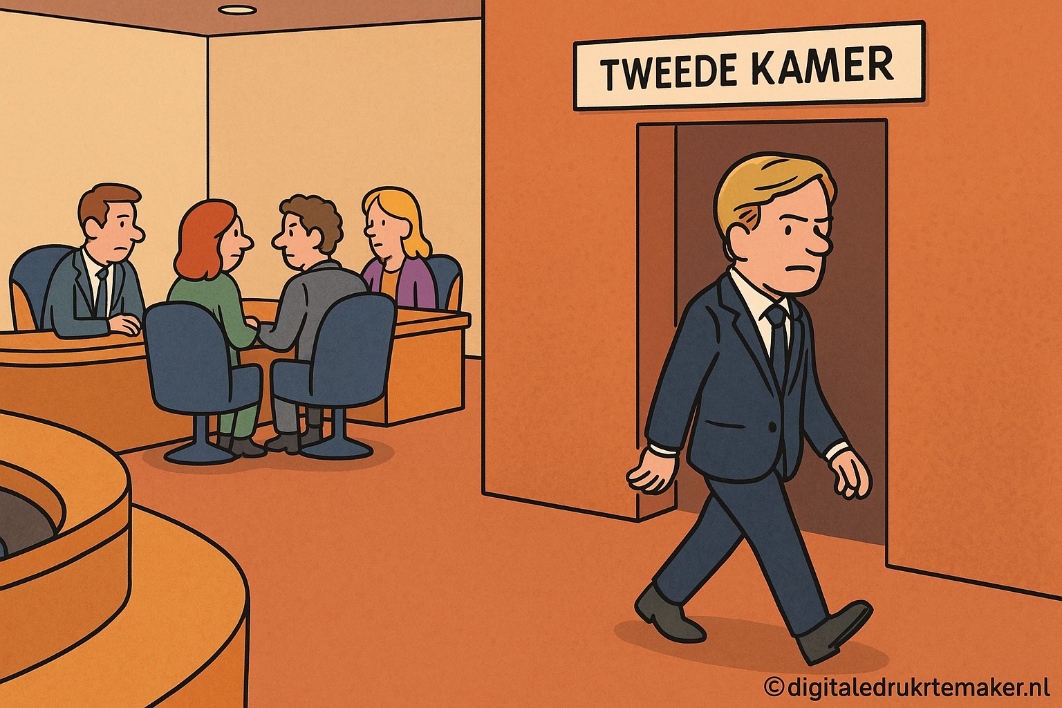 Cartoon van Pieter Omtzigt die de Tweede Kamer verlaat terwijl andere Kamerleden met elkaar praten Als je verdere aanpassingen nodig hebt of specifieke richtlijnen hebt voor de cartoon, laat het me gerust