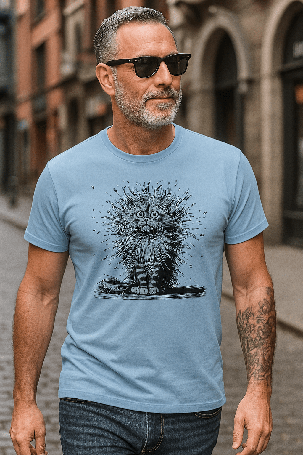 heren t-shirt in het licht blauw met katten print